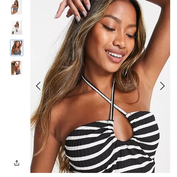 ASOS DESIGN key hole halter top in mono stripe - US 12 - Picture 2 of 5